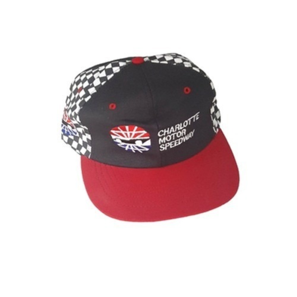 Vtg Charlotte Motor Speedway trucker checkered cap hat strap back Made in USA